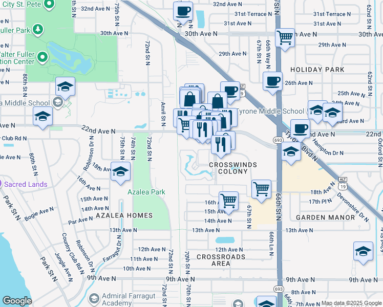 map of restaurants, bars, coffee shops, grocery stores, and more near 6962 22nd Avenue North in St. Petersburg