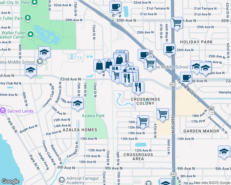 map of restaurants, bars, coffee shops, grocery stores, and more near 6932 Stonesthrow Circle North in St. Petersburg