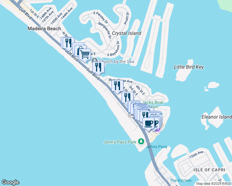 map of restaurants, bars, coffee shops, grocery stores, and more near 13405 Florida 699 in Madeira Beach