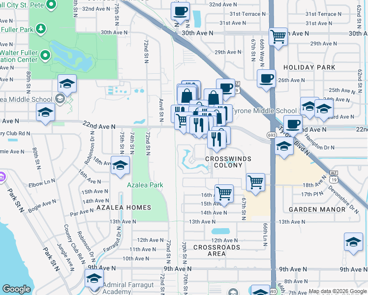 map of restaurants, bars, coffee shops, grocery stores, and more near 6939 Stonesthrow Circle North in Saint Petersburg