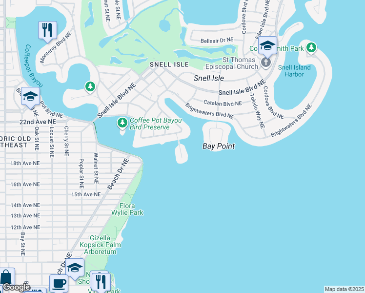 map of restaurants, bars, coffee shops, grocery stores, and more near 10 Brightwaters Circle Northeast in St. Petersburg