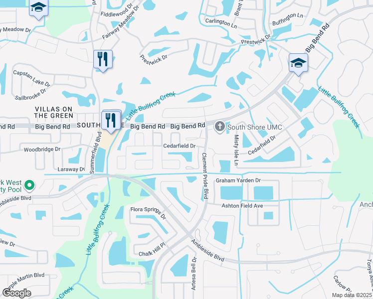 map of restaurants, bars, coffee shops, grocery stores, and more near 12015 Cedarfield Drive in Riverview