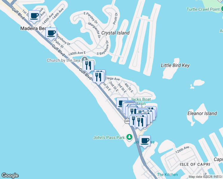 map of restaurants, bars, coffee shops, grocery stores, and more near 13321 1st Street East in Madeira Beach
