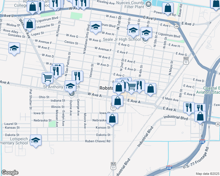 map of restaurants, bars, coffee shops, grocery stores, and more near in Robstown