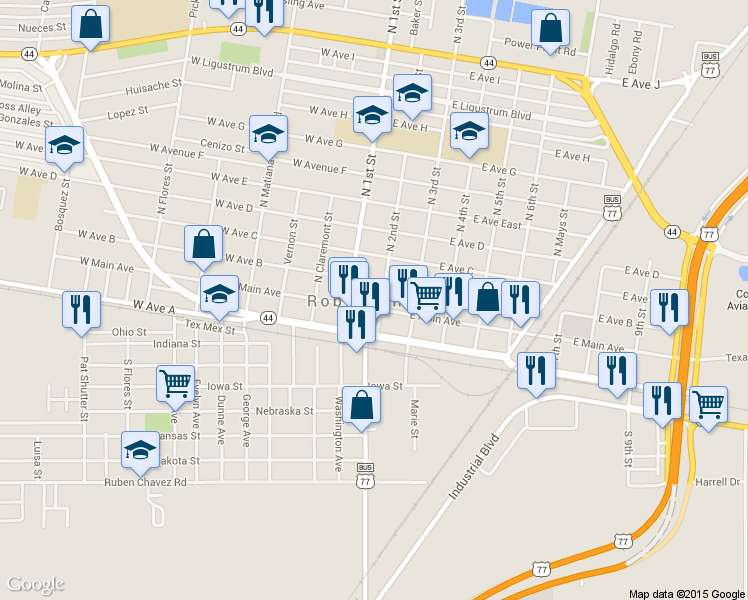 map of restaurants, bars, coffee shops, grocery stores, and more near 123E125 W Main Ave in Robstown
