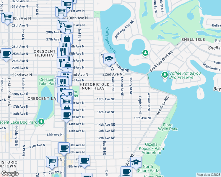 map of restaurants, bars, coffee shops, grocery stores, and more near 246 20th Avenue North in St. Petersburg