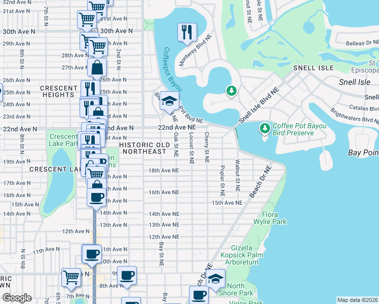 map of restaurants, bars, coffee shops, grocery stores, and more near 356 20th Avenue Northeast in St. Petersburg