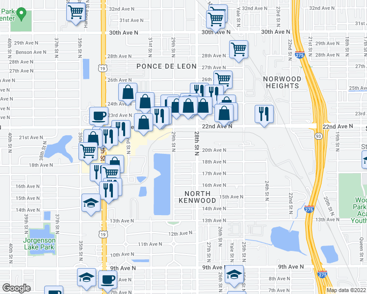 map of restaurants, bars, coffee shops, grocery stores, and more near 2861 20th Avenue North in St. Petersburg