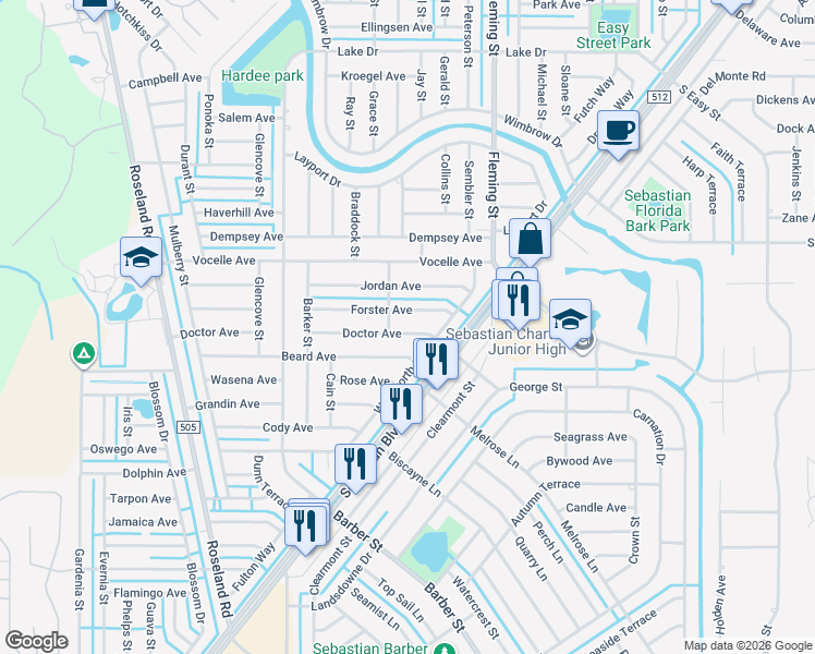 map of restaurants, bars, coffee shops, grocery stores, and more near 674 Doctor Avenue in Sebastian