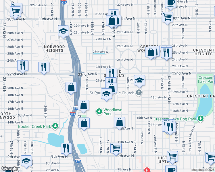 map of restaurants, bars, coffee shops, grocery stores, and more near 1645 20th Avenue North in St. Petersburg