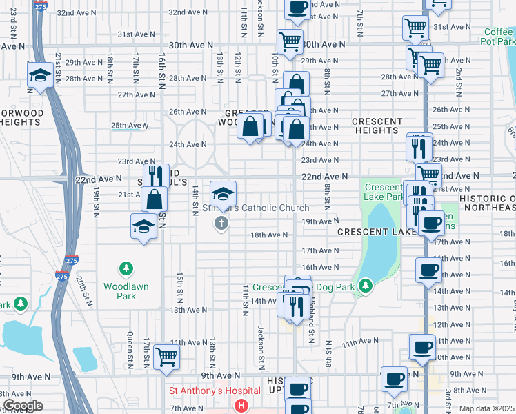 map of restaurants, bars, coffee shops, grocery stores, and more near 2015 Jackson Street North in St. Petersburg