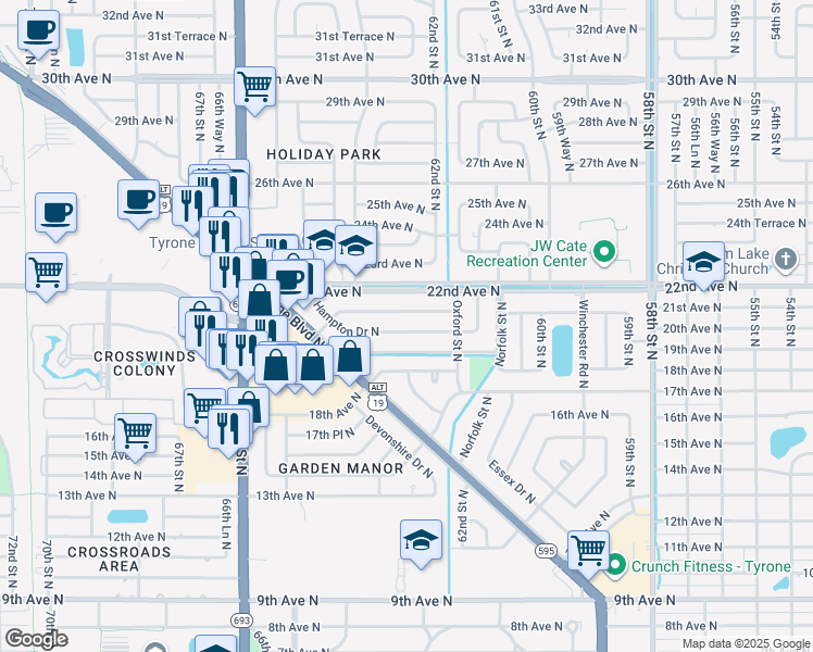 map of restaurants, bars, coffee shops, grocery stores, and more near 6267 Hampton Drive North in St. Petersburg
