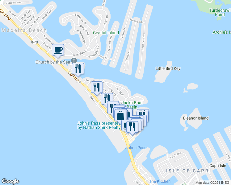 map of restaurants, bars, coffee shops, grocery stores, and more near 13233 3rd Street East in Madeira Beach
