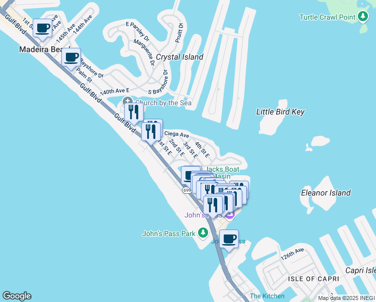 map of restaurants, bars, coffee shops, grocery stores, and more near 13233 3rd Street East in Madeira Beach