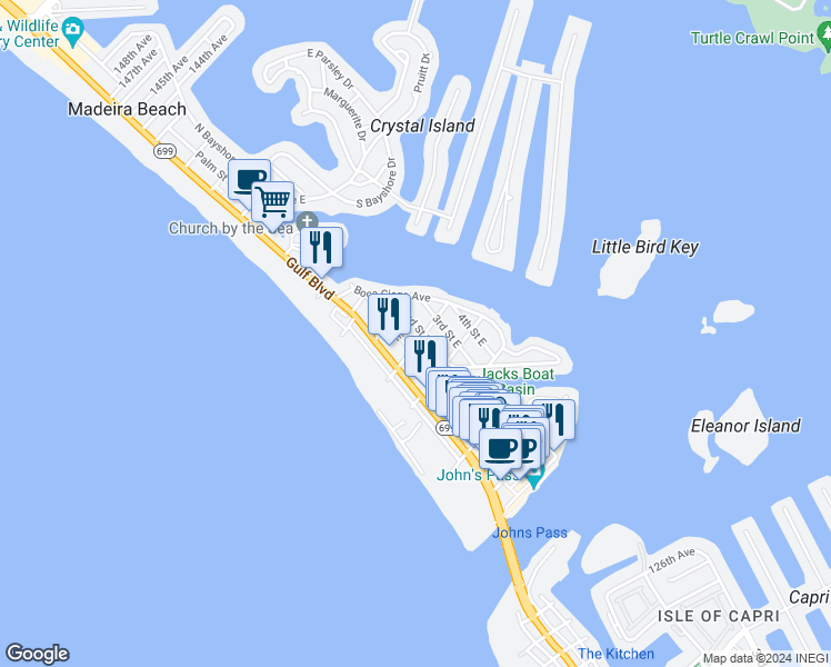 map of restaurants, bars, coffee shops, grocery stores, and more near 13321 1st Street East in Madeira Beach