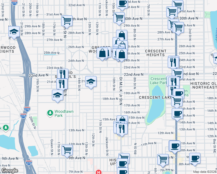 map of restaurants, bars, coffee shops, grocery stores, and more near 2005 Jackson Street North in St. Petersburg