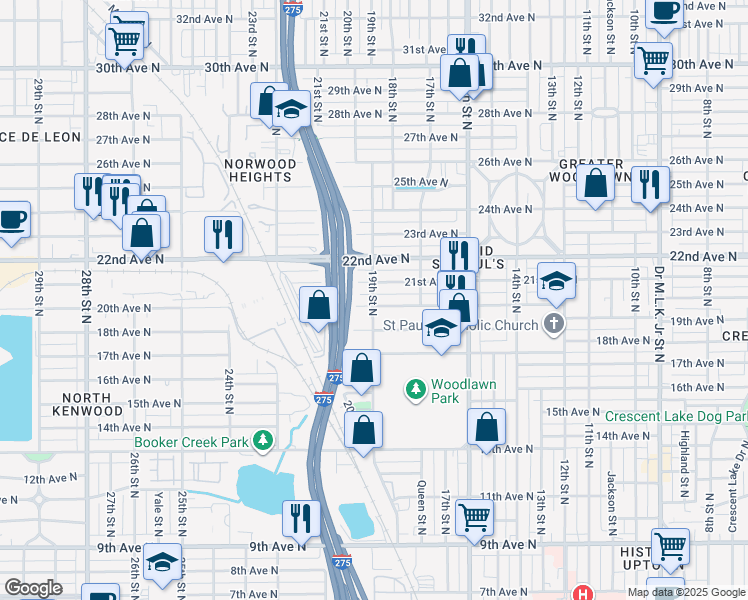 map of restaurants, bars, coffee shops, grocery stores, and more near 2011 19th Street North in St. Petersburg