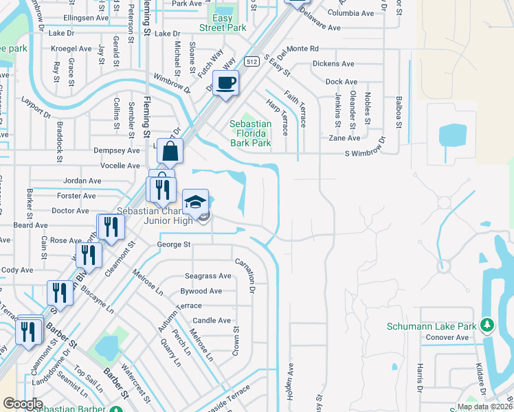 map of restaurants, bars, coffee shops, grocery stores, and more near 105 Harbor Point Drive in Sebastian