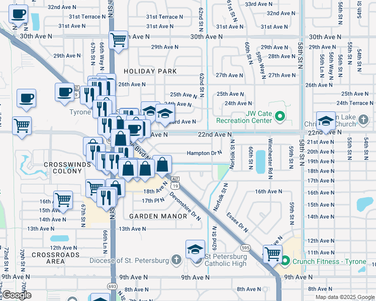 map of restaurants, bars, coffee shops, grocery stores, and more near 6267 Hampton Drive North in St. Petersburg