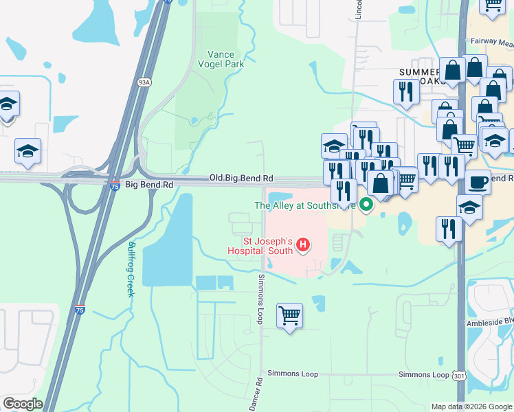 map of restaurants, bars, coffee shops, grocery stores, and more near 6908 Simmons Loop in Riverview