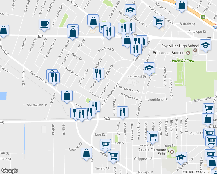 map of restaurants, bars, coffee shops, grocery stores, and more near 342 Merrill Drive in Corpus Christi