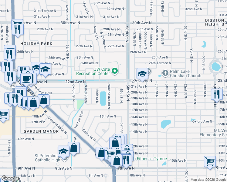 map of restaurants, bars, coffee shops, grocery stores, and more near 2000 59th Way North in St. Petersburg