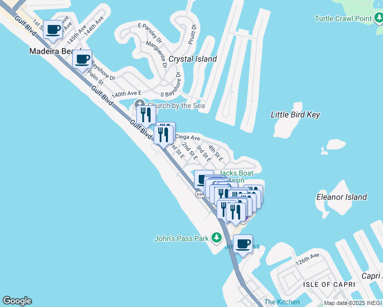 map of restaurants, bars, coffee shops, grocery stores, and more near 13321 1st Street East in Madeira Beach