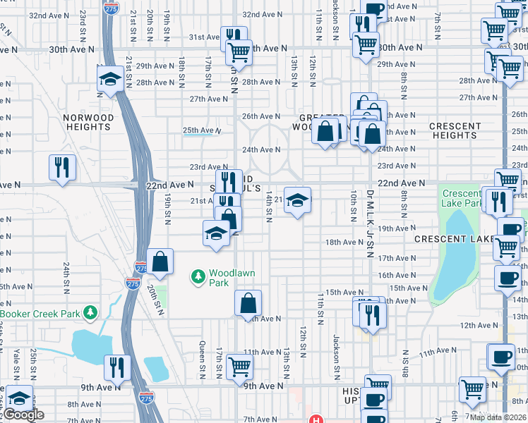 map of restaurants, bars, coffee shops, grocery stores, and more near 2010 14th Street North in St. Petersburg