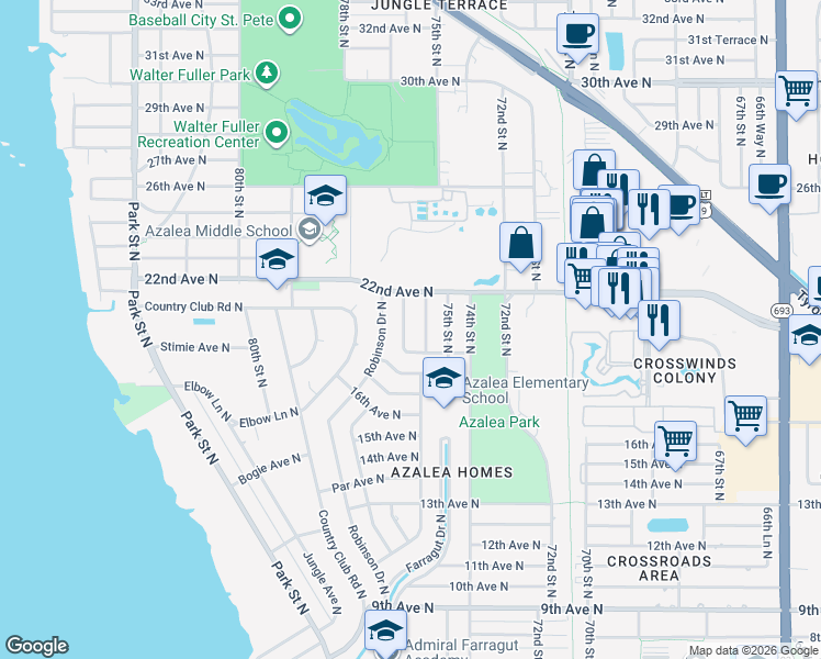 map of restaurants, bars, coffee shops, grocery stores, and more near 2001 76th Street North in St. Petersburg
