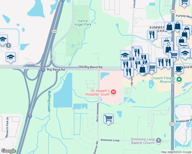 map of restaurants, bars, coffee shops, grocery stores, and more near 6908 Simmons Loop in Riverview