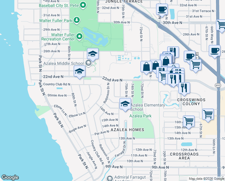 map of restaurants, bars, coffee shops, grocery stores, and more near 2001 76th Street North in St. Petersburg