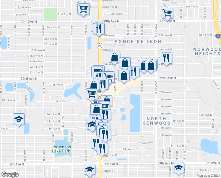 map of restaurants, bars, coffee shops, grocery stores, and more near 2139 34th Street North in St. Petersburg