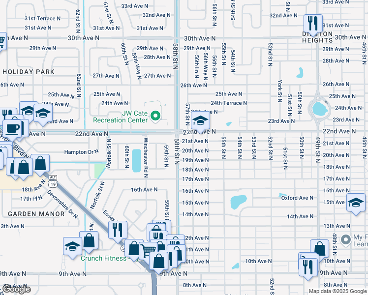 map of restaurants, bars, coffee shops, grocery stores, and more near 5735 20th Avenue North in Saint Petersburg