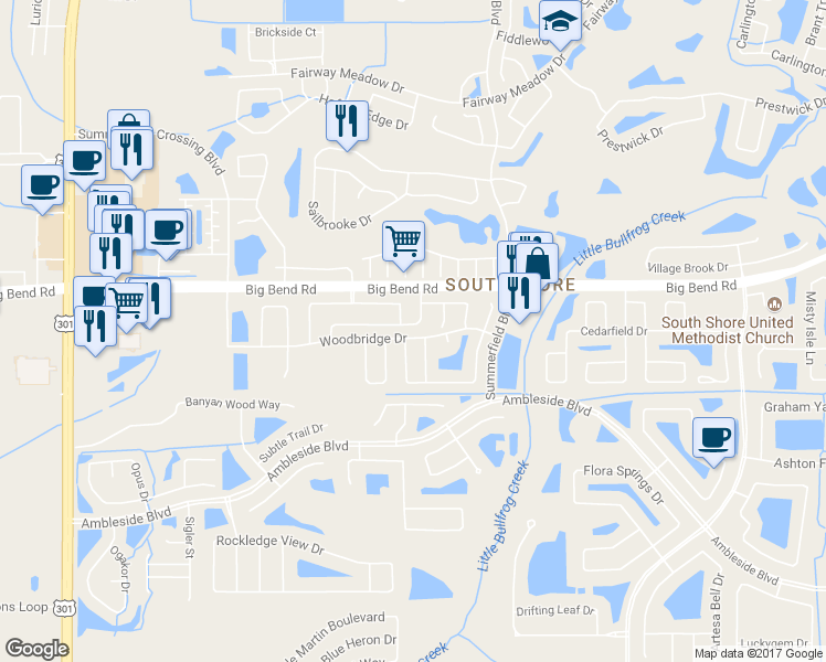 map of restaurants, bars, coffee shops, grocery stores, and more near 11105 Whittney Chase Drive in Riverview