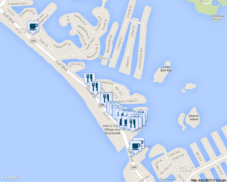map of restaurants, bars, coffee shops, grocery stores, and more near 13233 3rd Street East in Madeira Beach