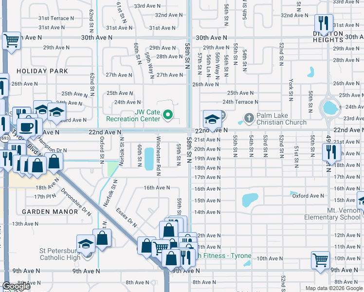 map of restaurants, bars, coffee shops, grocery stores, and more near 2001 59th Street North in St. Petersburg