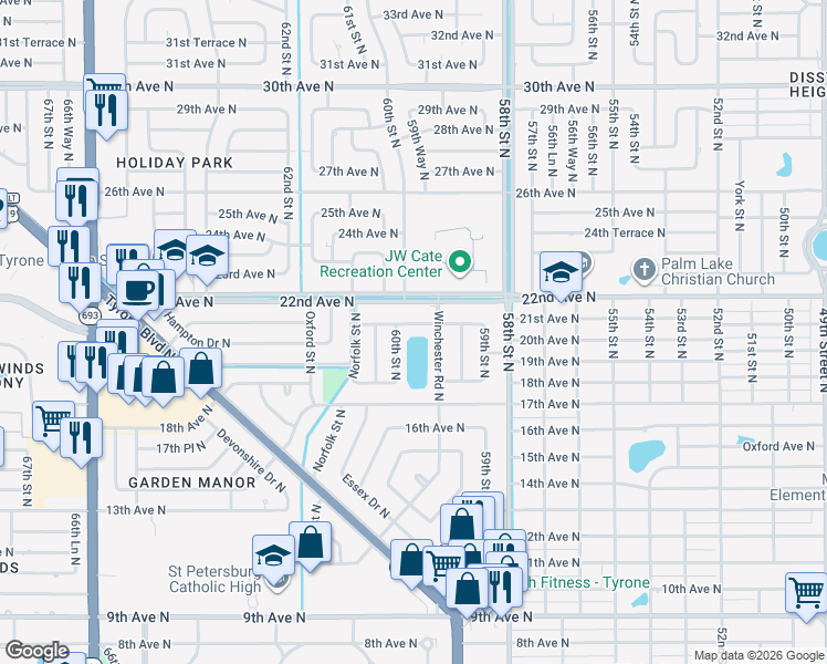 map of restaurants, bars, coffee shops, grocery stores, and more near 6028 21st Avenue North in St. Petersburg