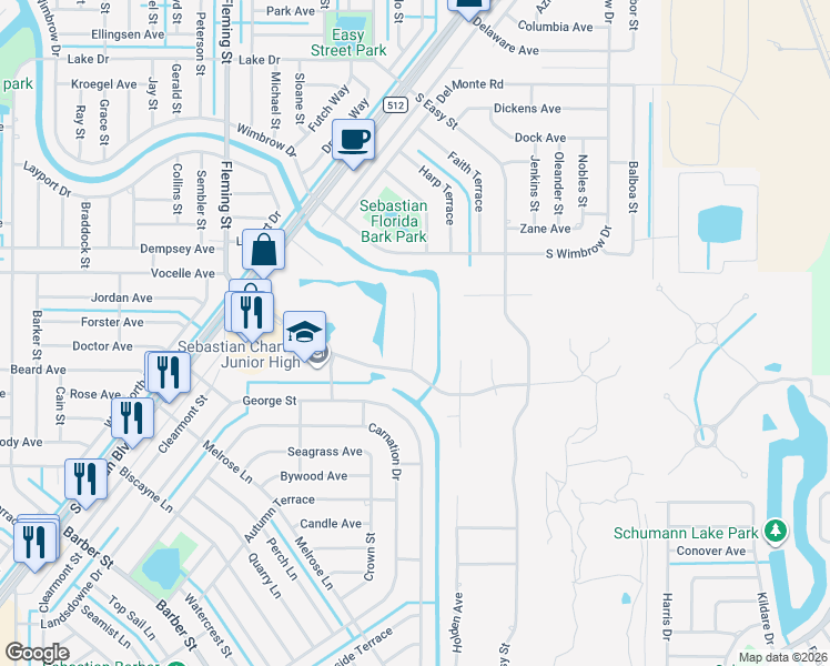 map of restaurants, bars, coffee shops, grocery stores, and more near 105 Harbor Point Drive in Sebastian