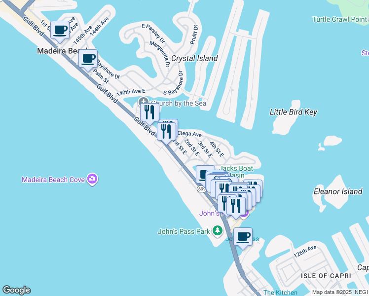 map of restaurants, bars, coffee shops, grocery stores, and more near 13321 1st Street East in Madeira Beach