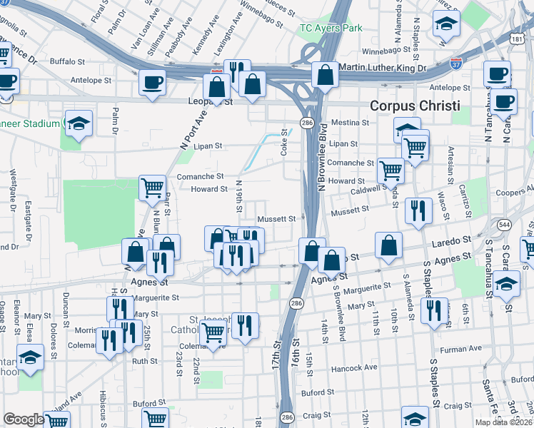 map of restaurants, bars, coffee shops, grocery stores, and more near 204 Spruce Street in Corpus Christi