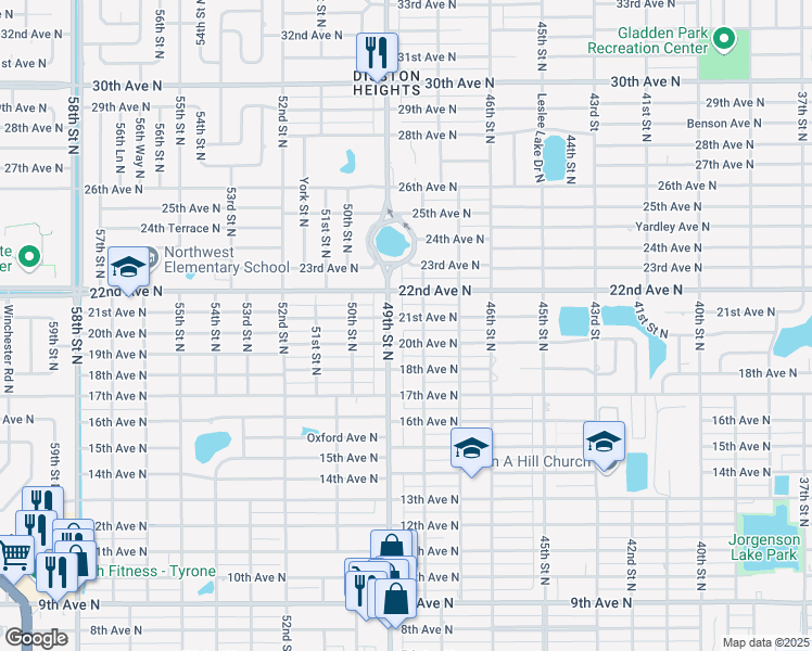 map of restaurants, bars, coffee shops, grocery stores, and more near 4888 21st Avenue North in St. Petersburg