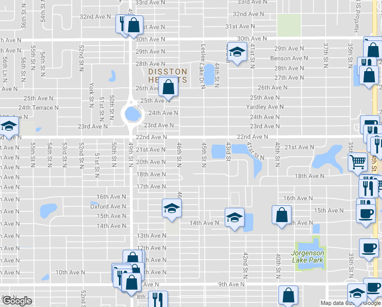 map of restaurants, bars, coffee shops, grocery stores, and more near 4540 21st Avenue North in St. Petersburg