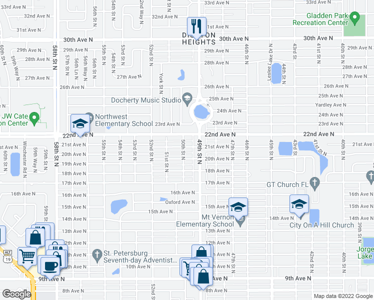 map of restaurants, bars, coffee shops, grocery stores, and more near 4944 21st Avenue North in St. Petersburg