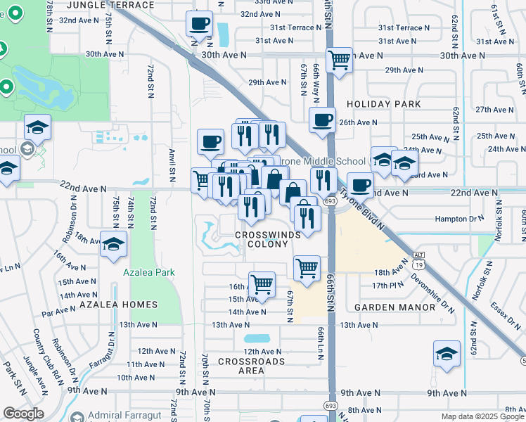 map of restaurants, bars, coffee shops, grocery stores, and more near 6775 Crosswinds Drive North in St. Petersburg