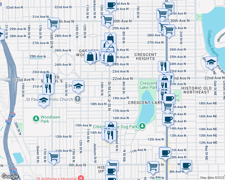 map of restaurants, bars, coffee shops, grocery stores, and more near 2014 Doctor Martin Luther King Junior Street North in St. Petersburg