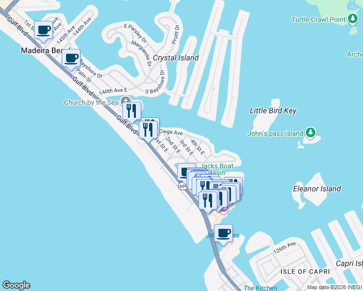 map of restaurants, bars, coffee shops, grocery stores, and more near 13233 3rd Street East in Madeira Beach