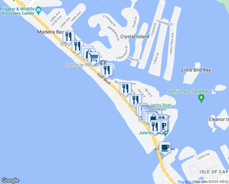 map of restaurants, bars, coffee shops, grocery stores, and more near 17408 Gulf Lane in Madeira Beach
