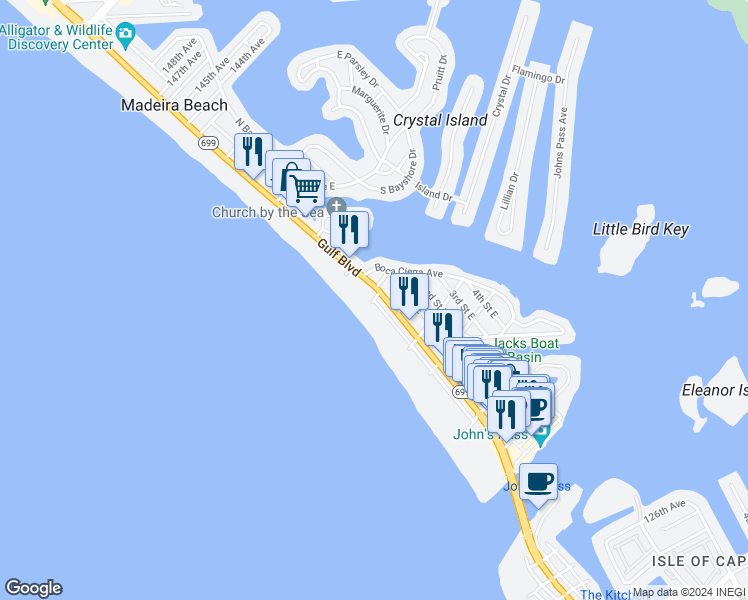 map of restaurants, bars, coffee shops, grocery stores, and more near 19725 Gulf Lane in Madeira Beach