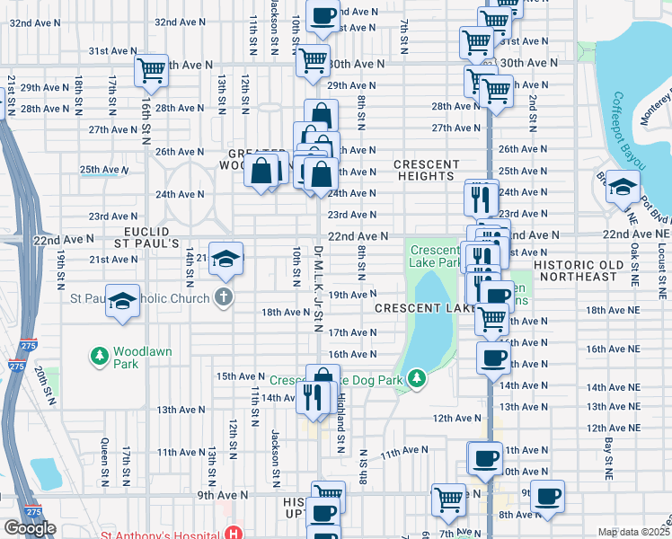 map of restaurants, bars, coffee shops, grocery stores, and more near 835 20th Avenue North in St. Petersburg