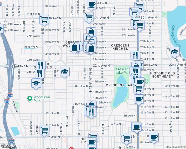 map of restaurants, bars, coffee shops, grocery stores, and more near 2014 Doctor Martin Luther King Junior Street North in St. Petersburg